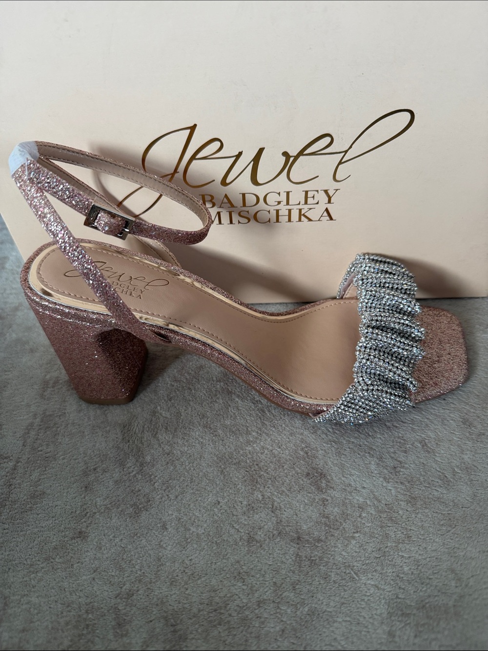 Badgley Mischka Rita Rose Gold Glitter Block Heel Sandal Crystal Ruched Strap